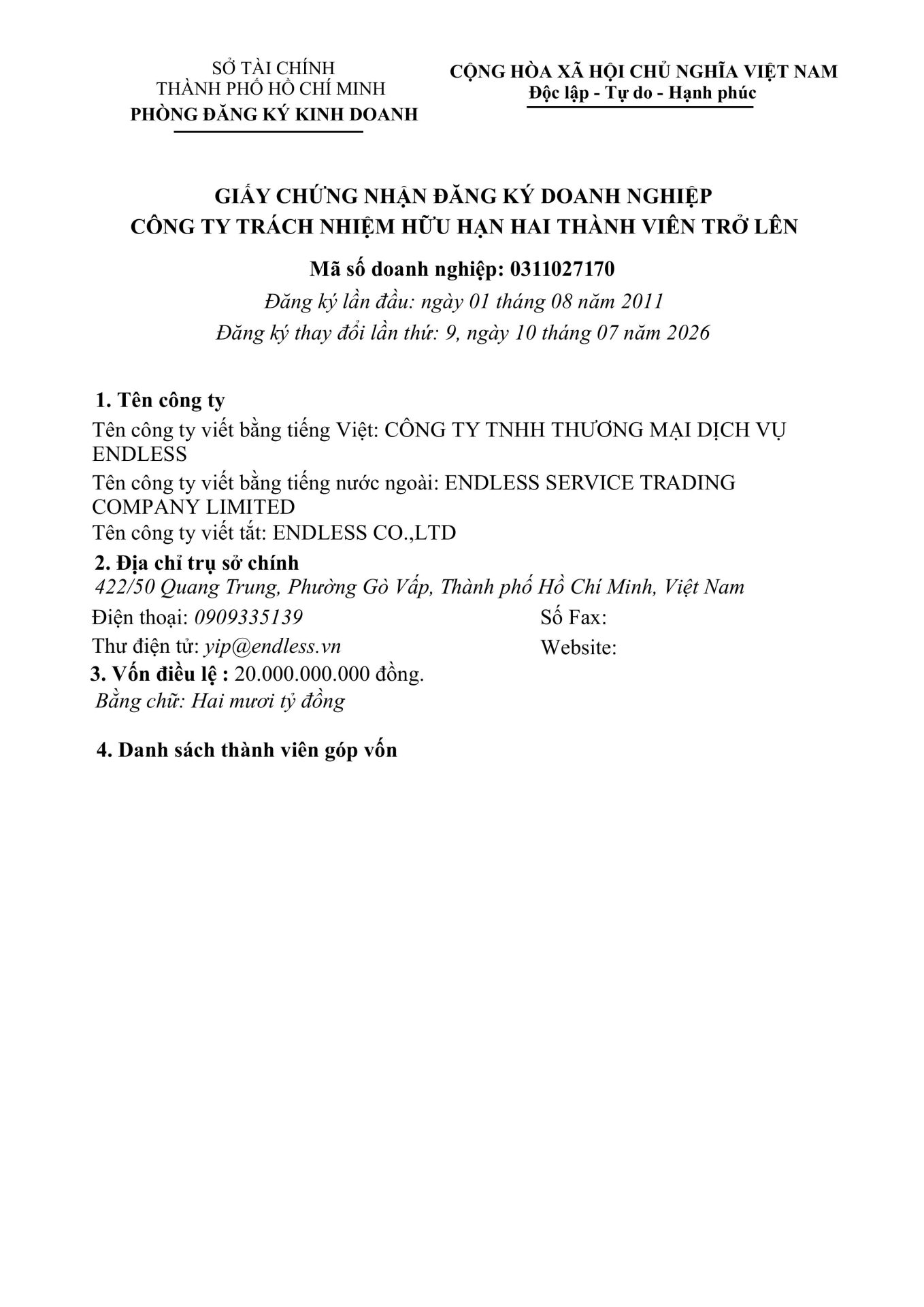 Hồ sơ pháp lý ENDLESS 1.GCN DK DN CTY TNHH HAI THANH VIEN TRO LEN DK THAY DOI LAN 9 UPDATE 10.07.2026 hinh anh 0